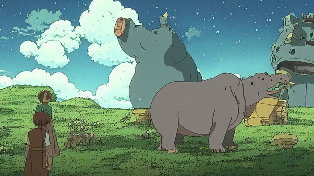 Image similar to a movie still from a studio ghibli film showing a lovecraftian hippopotamus from howl's moving castle ( 2 0 0 4 ). a pyramid is under construction in the background, in the rainforest on a misty and starry night. a ufo is in the sky. by studio ghibli