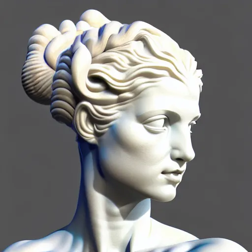 Image similar to sci - fi cgartist wide shot anaglyph ambient occlusion rendering of a hyper realistic marble greek statuary beautiful goddess head product photo bright white backdrop high key colored lighting, trending on artstation