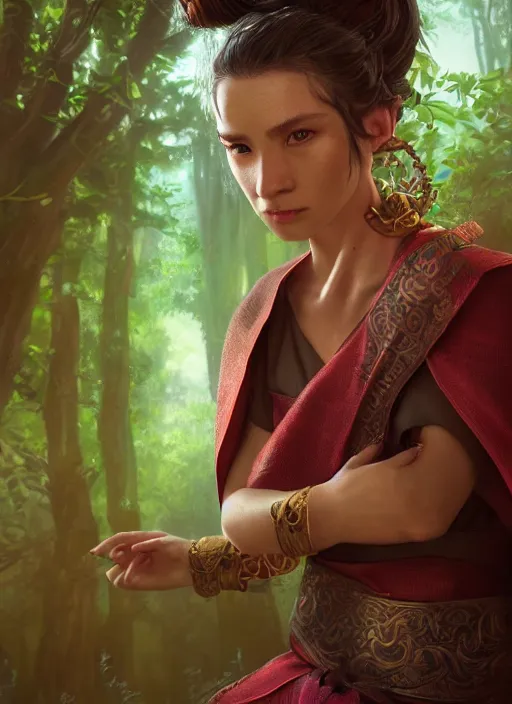 Prompt: Beautiful art portrait of a female fantasy monk martial arts expert in a bright temple surrounded by lush forest, atmospheric lighting, intricate detail, cgsociety, hyperrealistic, octane render, RPG portrait, ambient light, dynamic lighting