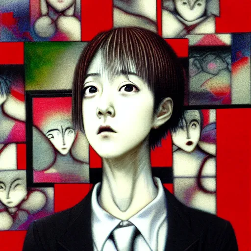 Image similar to yoshitaka amano blurred and dreamy realistic three quarter angle portrait of a young woman with short hair and black eyes wearing office suit with tie, junji ito abstract patterns in the background, satoshi kon anime, noisy film grain effect, highly detailed, renaissance oil painting, weird portrait angle, blurred lost edges