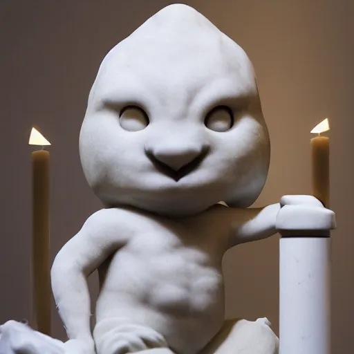 Prompt: a white marble statue of the reddit mascot in a darkened room surrounded by lit candles