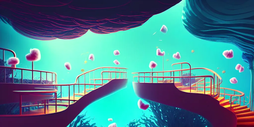 Image similar to minimalistic extreme wide angle curved perspective digital art of sss chubby cotton candy indoor casino, one staircase, with curly plants by anton fadeev, lorax movie, underwater smoke