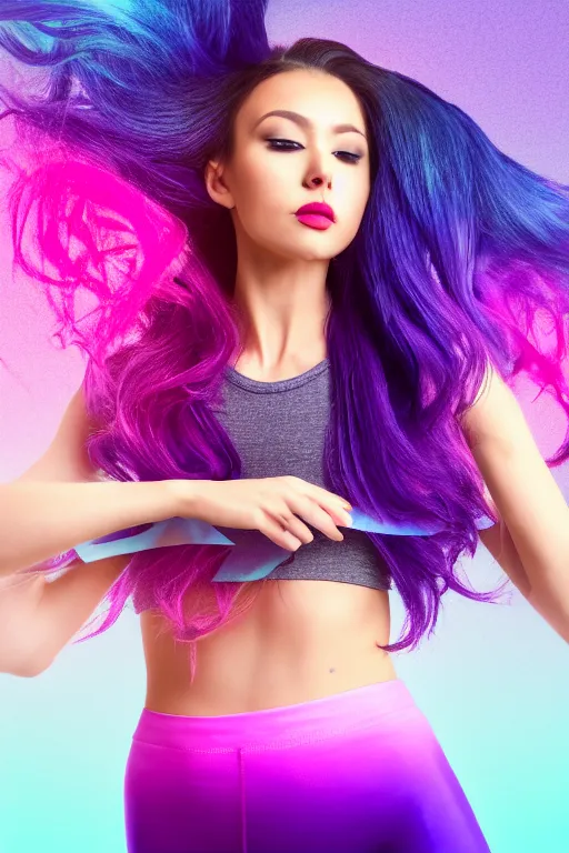 Image similar to a award winning half body shot of a beautiful woman in a croptop and leggings with a ombre purple pink teal hairstyle with head in motion and hair flying, outrun, vaporware, highly detailed, fine detail, intricate