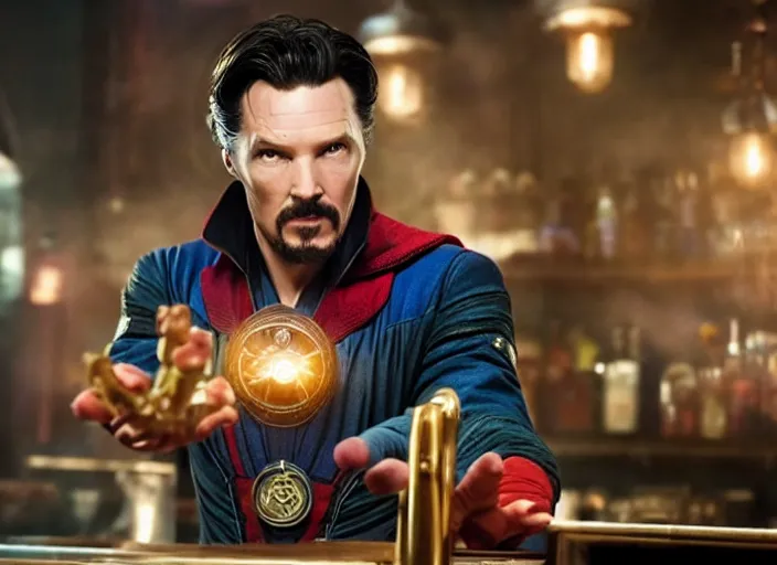 Image similar to film still of Doctor Strange working as a bartender in the new Avengers movie, 4k