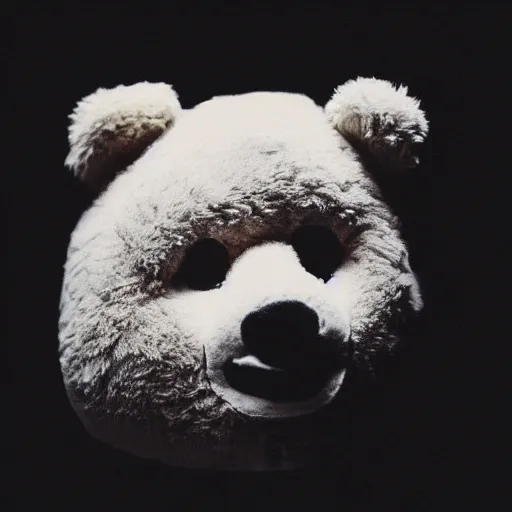 Image similar to a ( ( chiaroscuro lighting portrait ) ) of kanye west dressed as teddy bear mascot, black background, portrait by julia margaret cameron, shallow depth of field, 8 0 mm, f 1. 8