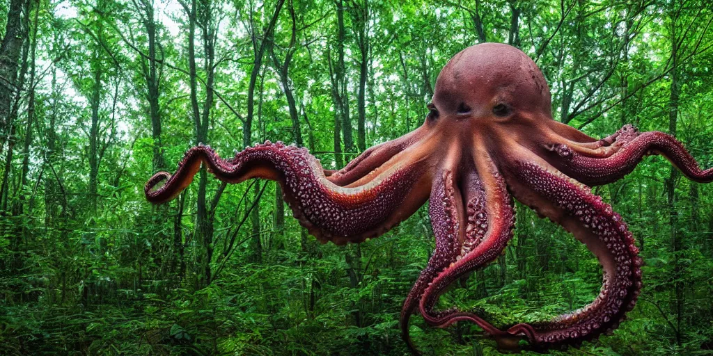 Image similar to a huge octopus in the middle of a forest, beautiful ambient light, 8k photography