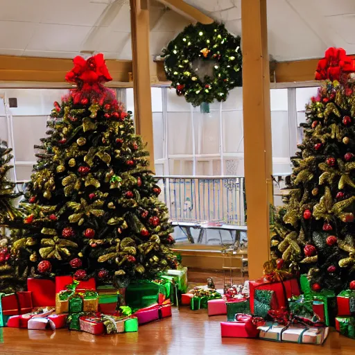 Image similar to a gymnasium party full of lit Christmas trees, Victorian theme, snow coming through windows