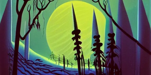 Image similar to a night landscape background, rob gonsavles, eyvind earle, nightmare before christmas