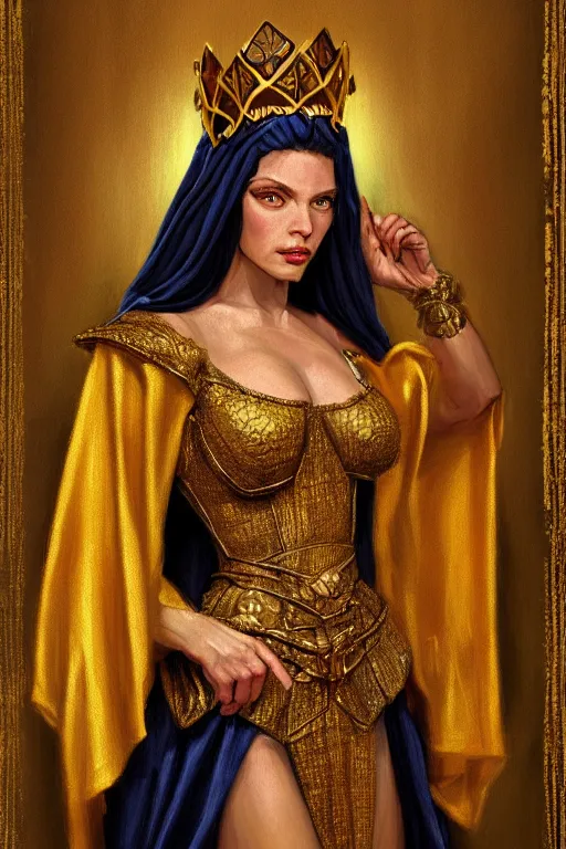 Image similar to Portrait of historically accurate, ancient biblical, sultry, sneering, evil, pagan, wicked, queen jezebel, wearing gilded robes, long hair, intricate, elegant, highly detailed, masterpiece, illustration, art by Andrew Loomis, highly detailed, trending on artstation, award winning