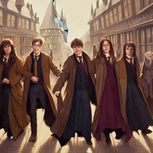 Image similar to A group photo of the Harry Potter cast but it's all Daniel Radcliffe, western, D&D, fantasy, intricate, elegant, highly detailed, digital painting, artstation, concept art, matte, sharp focus, illustration, art by Artgerm and Greg Rutkowski and Alphonse Mucha