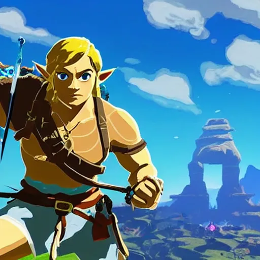 Image similar to screenshot from zelda breath of the wild game dwayne the rock johnson as zelda breath of the wild character