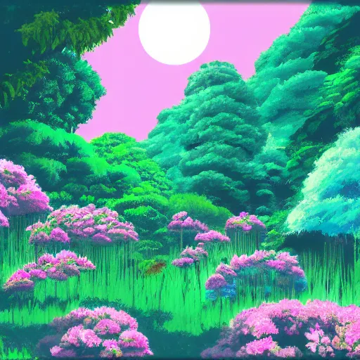 Prompt: a painting of a garden by studio ghibli, vaporwave, pink sky, surrealist, digital art, nostalgia, shrubs