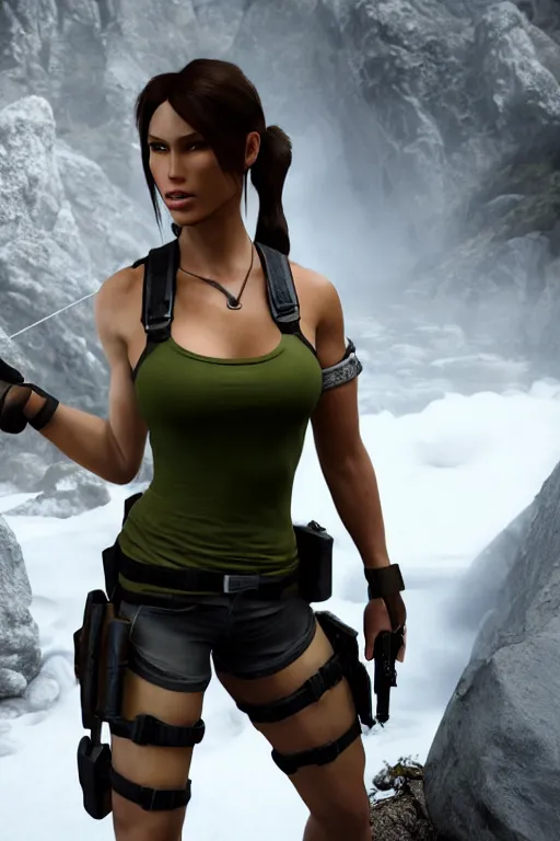 Image similar to Lara Croft as a DOA character, photorealism, full body, white ambient background, unreal engine 5, hyperrealistic, highly detailed, XF IQ4, 150MP, 50mm, F1.4, ISO 200, 1/160s, natural light, Adobe Lightroom, photolab, Affinity Photo, PhotoDirector 365, realistic