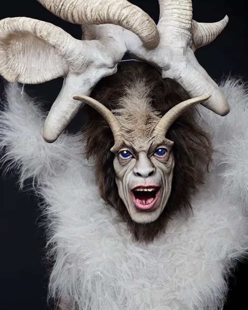 Image similar to actor Mick Jagger in Elaborate Pan Satyr Goat Man Makeup and prosthetics with large goat ears designed by Rick Baker, Hyperreal, Head Shots Photographed in the Style of Annie Leibovitz, Studio Lighting