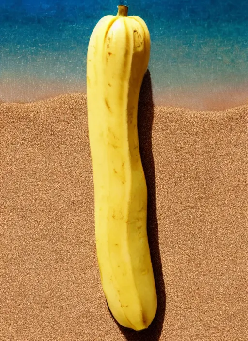 Image similar to jeff goldblum banana on the sand of a beach