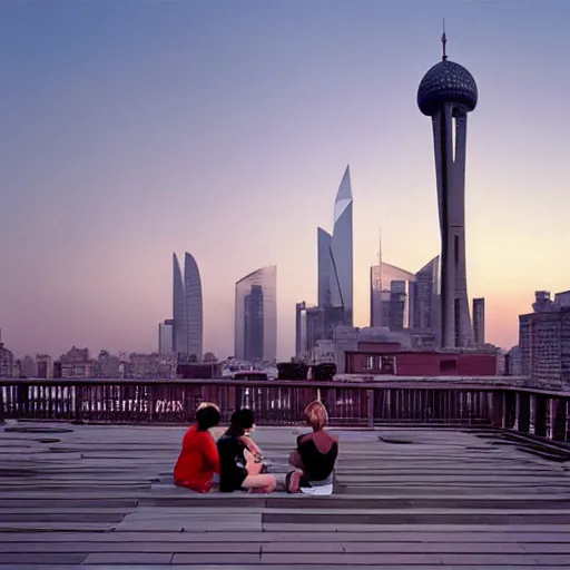 Image similar to a small rooftop with a couple of people sitting and watching the view, wearing black modern clothes, modern shanghai bund is on the background, sunset, by gregory crewdson