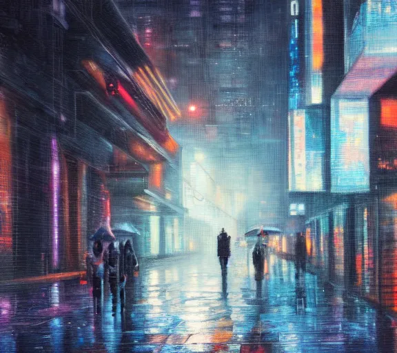 Image similar to melancholy on an empty street in a cyberpunk city during a rainy night, oil on canvas