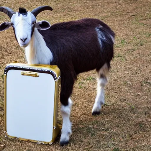 Prompt: an goat wearing a fancy suit and holding an briefcase in a goatfield