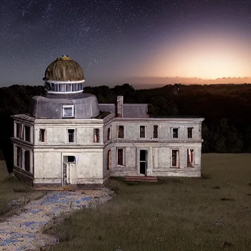 Prompt: an abandoned mansion with top observatory on a hill at night with stars, by lee madgwick and bastien lecouffe