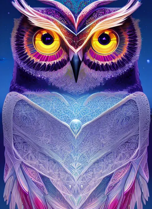 Image similar to symmetry!! product render poster vivid colors divine proportion owl, ice and snow, glowing fog intricate, elegant, highly detailed, digital painting, artstation, concept art, smooth, sharp focus, illustration,