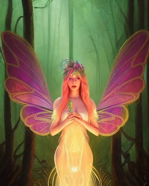 Image similar to portrait, stunningly beautiful female faerie priestess in a forest, symmetrical wings on back, neon hair, wearing a dress of gossamer gold, inner glow, illustration, dramatic lighting, soft details, painting, art nouveau, octane render, 8 k, hd, by brom, faces by otto schmidt