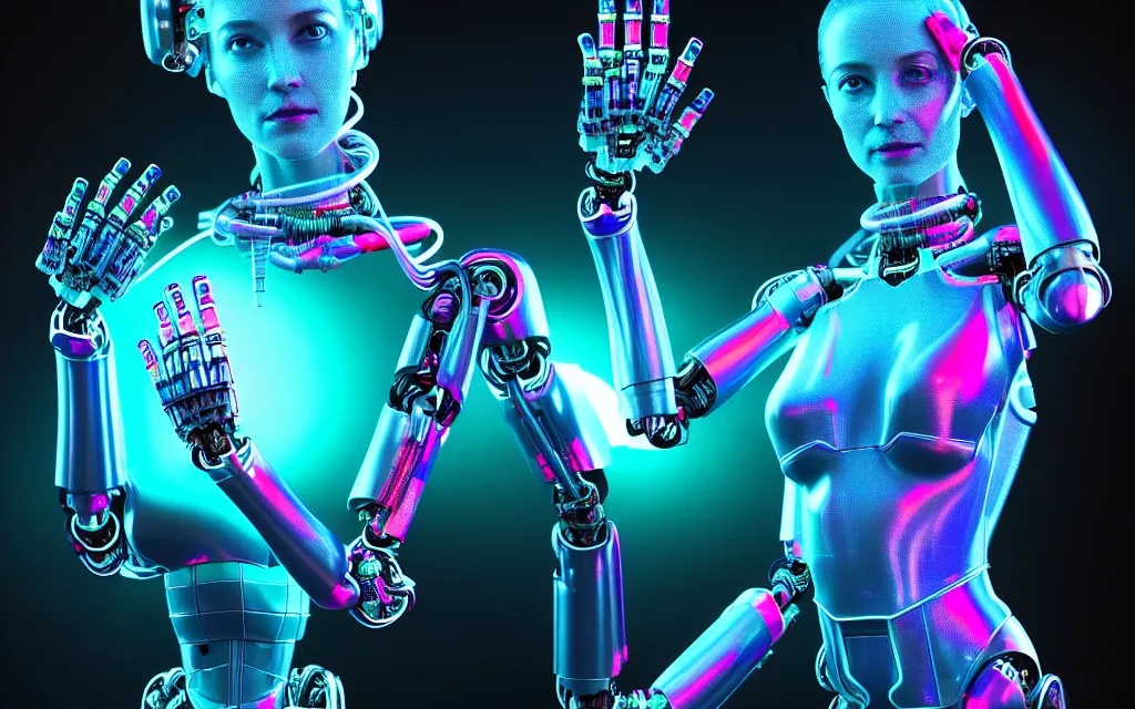 Image similar to beauty woman in holograms, with robotic arms, of alien artifacts, Elysium style tech and mechanical parts, electrical case display, ultrarealistic, dramatic lighting, backlit, three point lighting, cables and wires, electrical details, high details, 4k, 8k, best, accurate, trending on artstation, artstation, photorealism, ultrarealistic, digital painting, style of Caravaggio, Boris Vallejo