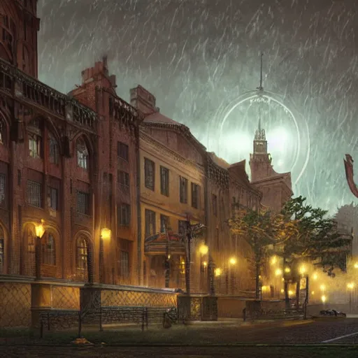 Prompt: boston university in 1 9 2 0's, ultra realistic, colour, concept art, intricate details, night, thunder, raining, eerie, arkham horror, call of cthulhu, elder sign, highly detailed, dark fantasy, photorealistic, octane render, 8 k, unreal engine 5. art by artgerm and greg rutkowski and alphonse mucha