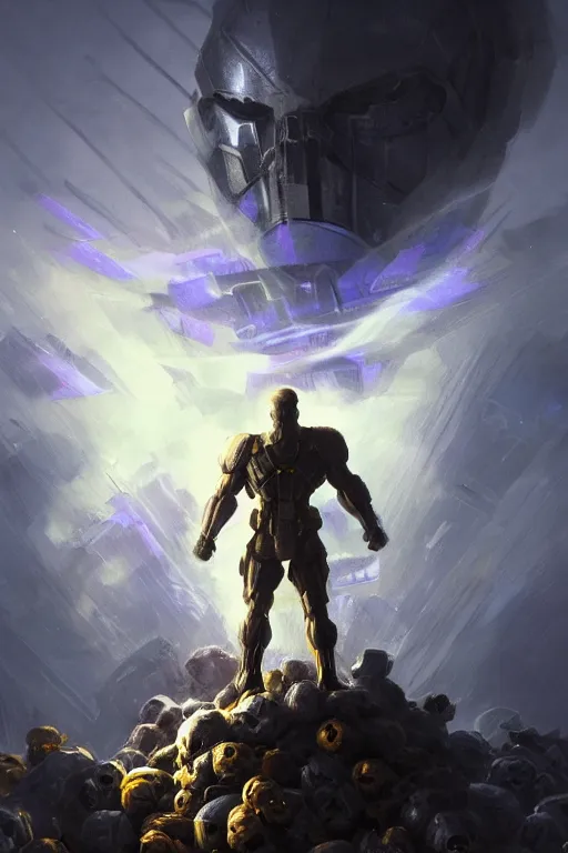 Image similar to a distant shot of a super soldier with blue and yellow flag and standing alone on a huge pile of human skulls as a winner, masculine figure, D&D, fantasy, bright hopeful atmosphere, volumetric lights, beam of bright light through the clouds, intricate, elegant, highly detailed, extremely detailed, digital painting, artstation, concept art, matte, smooth, sharp focus, hyper realistic, illustration, art by Artgerm and Greg Rutkowski and Alphonse Mucha