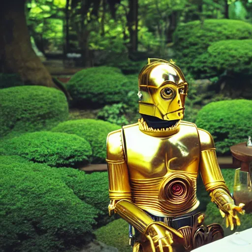 Prompt: C-3PO sitting at a bistro table in a lush japanese garden, still from star wars, shot on film, close up, depth of field, nature show, incredible detail, dramatic lighting