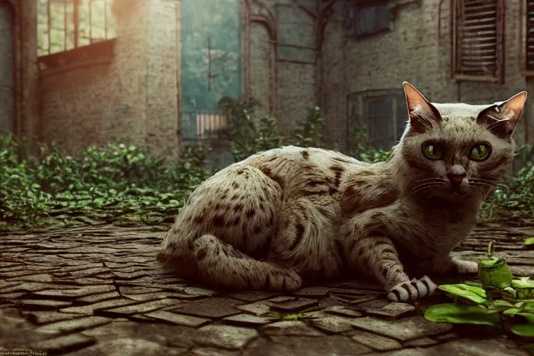 Image similar to Broken cyborg cat sitting on old courtyard with mud and an old playground between two soviet five-storey overgrown with ivy panel houses, high details, cinematic, 8k resolution, beautiful detailed, insanely intricate details, artstation trending, rule of third, octane render, unreal engine