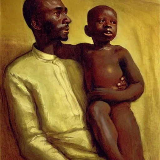 Image similar to a painting of a elegant, well fed, smooth-chinned, long nose, elder with few eyebrows and his son from Kenya by Henry Ossawa Tanner . thinker without facial hair, thoughtful, focused, visionary, calm, jovial, loving, fatherly, generous, . dramatic angle, ethereal lights, details, smooth, sharp focus, illustration, realistic, cinematic, artstation, award winning, rgb , unreal engine, octane render, cinematic light, macro, depth of field, blur, red light and clouds from the back, highly detailed epic cinematic concept art CG render made in Maya, Blender and Photoshop, octane render, excellent composition, dynamic dramatic cinematic lighting, aesthetic, very inspirational, arthouse.