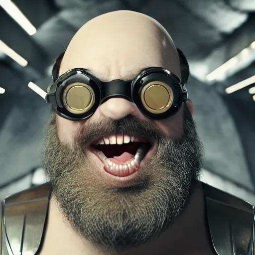 Image similar to highly detailed octane render of a close up portrait of an ugly man with a beard wearing goggles and armour and screaming in a cave whilst shooting a grenade launcher at a giant insect