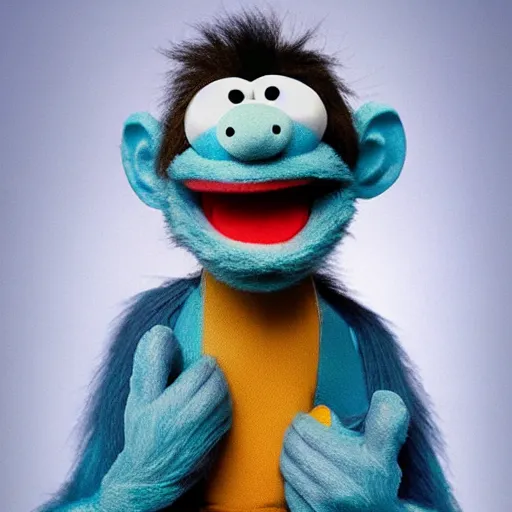 Prompt: A photo of a monkey as a blue muppet, highly detailed