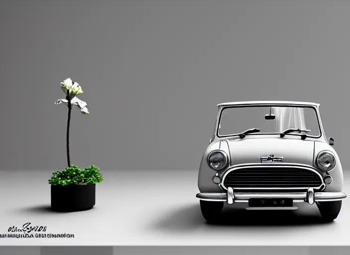 Prompt: a small miniature of a Mini Cooper S 1963 on a white table near a vase with a plant, 3d render, octane render, unreal engine 5, path tracing, serene landscape, calm, relaxing, beautiful landscape, highly detailed, high quality, 4k, symmetrical, low contrast, product photo