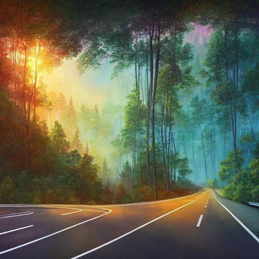 Prompt: intricate painting of a highway road leading to the horizon through a thick forest down a rocky mountain coast towards the sunset. atmospheric good vibes. colorful psychedelic, ultra realistic, concept art, modern art, photorealistic, octane render, 8 k, unreal engine. art by nori inoguchi and sam kaplan and zachary goulko and christopher marley