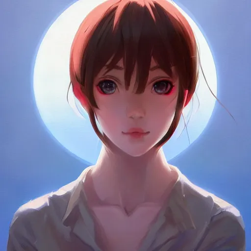 Image similar to A potrait of a bot with big and cute eyes, fine-face, realistic shaded perfect face, fine details. Night setting. Very anime style. Realistic shaded lighting poster by Ilya Kuvshinov katsuhiro, magali villeneuve, artgerm, Jeremy Lipkin and Michael Garmash, Rob Rey and Kentarõ Miura style, trending on art station