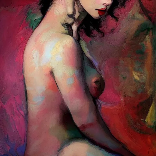 Prompt: portrait of a beautiful stunning young woman sitting with full very cute face big eyes full figure seductive sensual alluring attractive, in the style of disco elysium, expressionism, artstation, trending, by aleksander rostov, jenny saville, rembrandt, alex kanevsky, wassily kandinsky, dave mckean, yoshitaka amano
