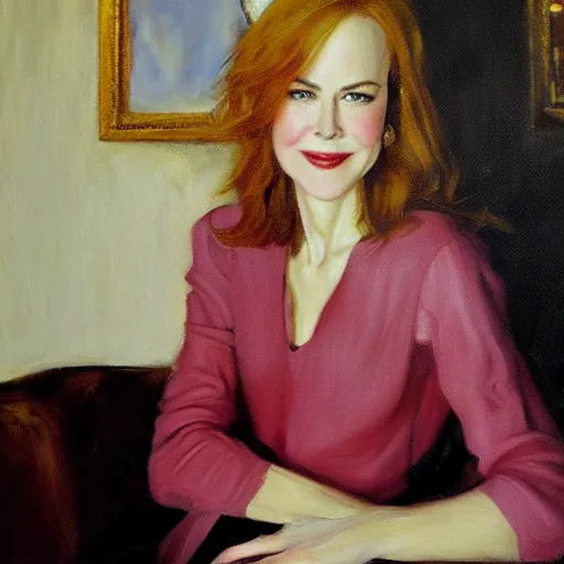 Prompt: an oil painting portrait of a young Nicole Kidman sitting on a couch, joyful, artist is John Sargent”