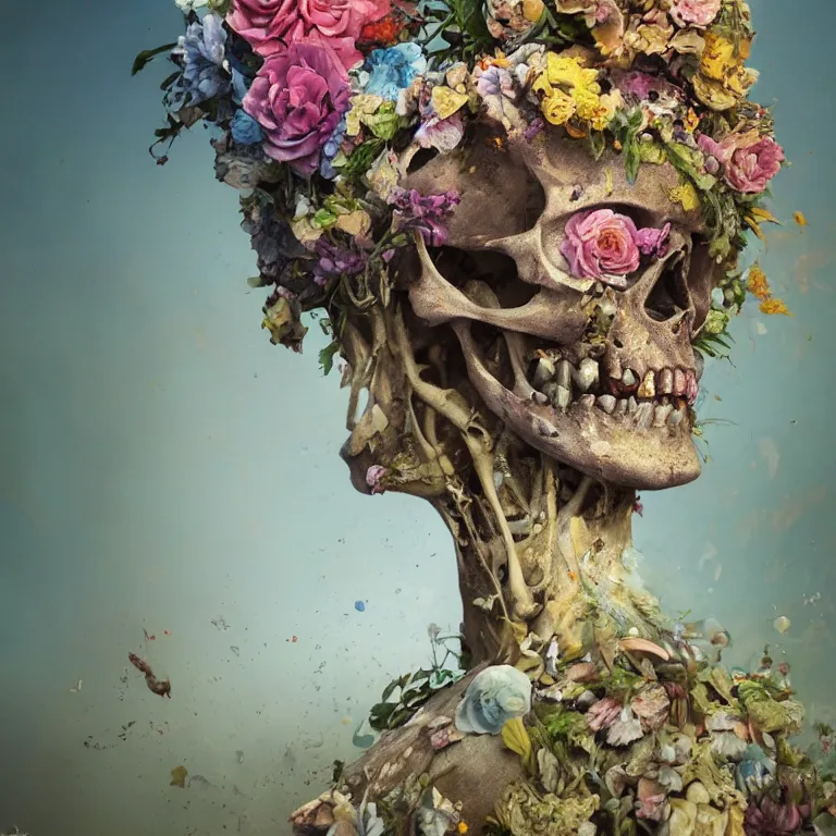 Image similar to A beautiful oil painting hyperrealism of a decayed zombie head, rotting clay skin, skull bones, flowers, floral headdress, 8k resolution, octane render, Trending on artstation, by Gediminas Pranckevicius, volumetric light 2blue fractal Thunder glow by dan mumford, anaglyph effect, Laurie Lipton