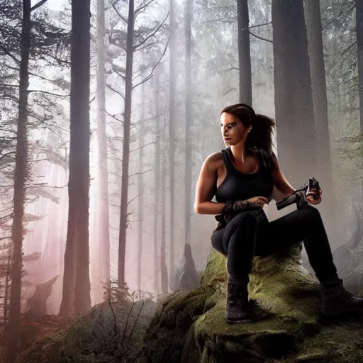 Prompt: lara croft thicc, sitting looking at her phone in a dark foggy forest, big bust, phone lighting, aesthetic,