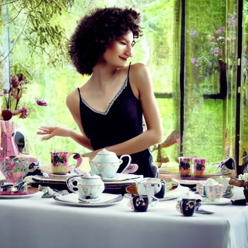 Prompt: a beautiful woman having a tea party with skeletons, natural light