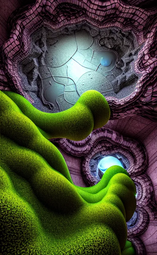 Image similar to highly detailed ultra sharp 3 d render cinematic composition of a smooth ceramic porcelain biomorphic magnolia stone nebula fluid fractal sci - fi surreal architecture landscape, granite, metallic, magnesium, marble, moss and lichen, vincent callebaut composition, mamou - mani, archviz, beautiful lighting, 8 k, unreal engine, hdr,