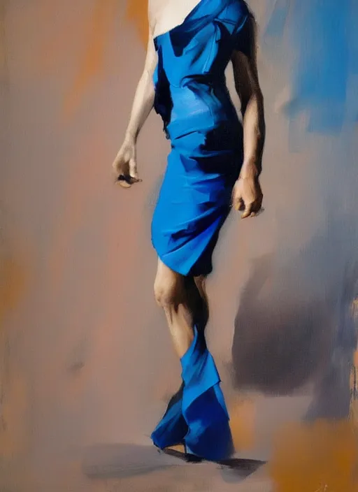 Prompt: fashion model in blue dress, painting by phil hale, fransico goya,'action lines '!!!, graphic style, visible brushstrokes, motion blur, blurry, visible paint texture, crisp hd image