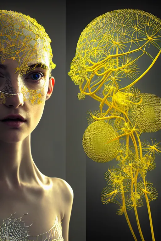 Image similar to intricate hyper detailed ultra sharp 3 d render of a beautiful porcelain cyberpunk women, unity of mood, large pore fungi embroidered, bright light, art nouveau, haute couture alexander mcqueen leaves stems dahlia transparent fractal dandelion yellow pistil filigree roots, octane render, volumetric cinematic lighting, 8 k post - production