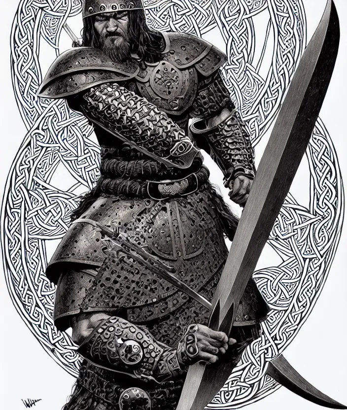 Image similar to knotwork with center viking warrior, extremely detailed, bold line art, by vincent di fate and joe fenton and artgerm, holding shield and sword, centered, inking, etching, screen print, inkblots of color, masterpiece, trending on artstation, sharp, high contrast, hyper realistic, hd, 4 k, 8 k