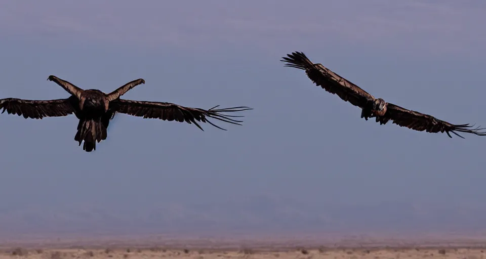Prompt: a vulture flying over an empty desert
