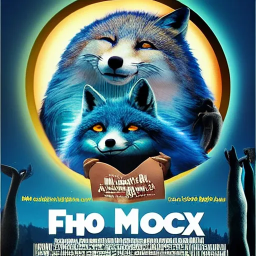 Prompt: modern ultra realistic comedy movie poster, featuring in anthropomorphic blue fox in a hoodie, promotional movie poster print