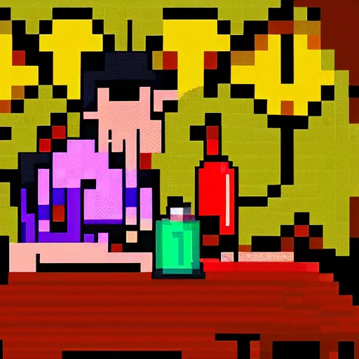 Image similar to pixel art, close up, gypsy woman sits at a wooden table, on the table are flasks of glowing liquids