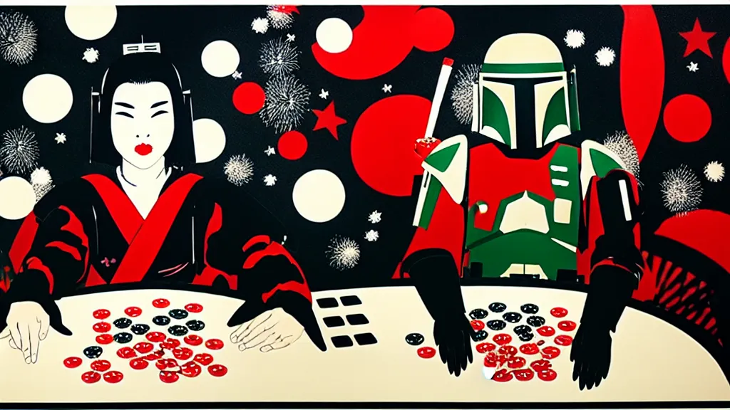 Image similar to woman in a black japanese kimono, sitting at an extremely detailed poker table with the boba fett, sake on the table, fireworks and stars on the background, by andy warhol, by roy liechtestein, canvas, acrylic paint, ivory palette, 4 k, ultra - hd