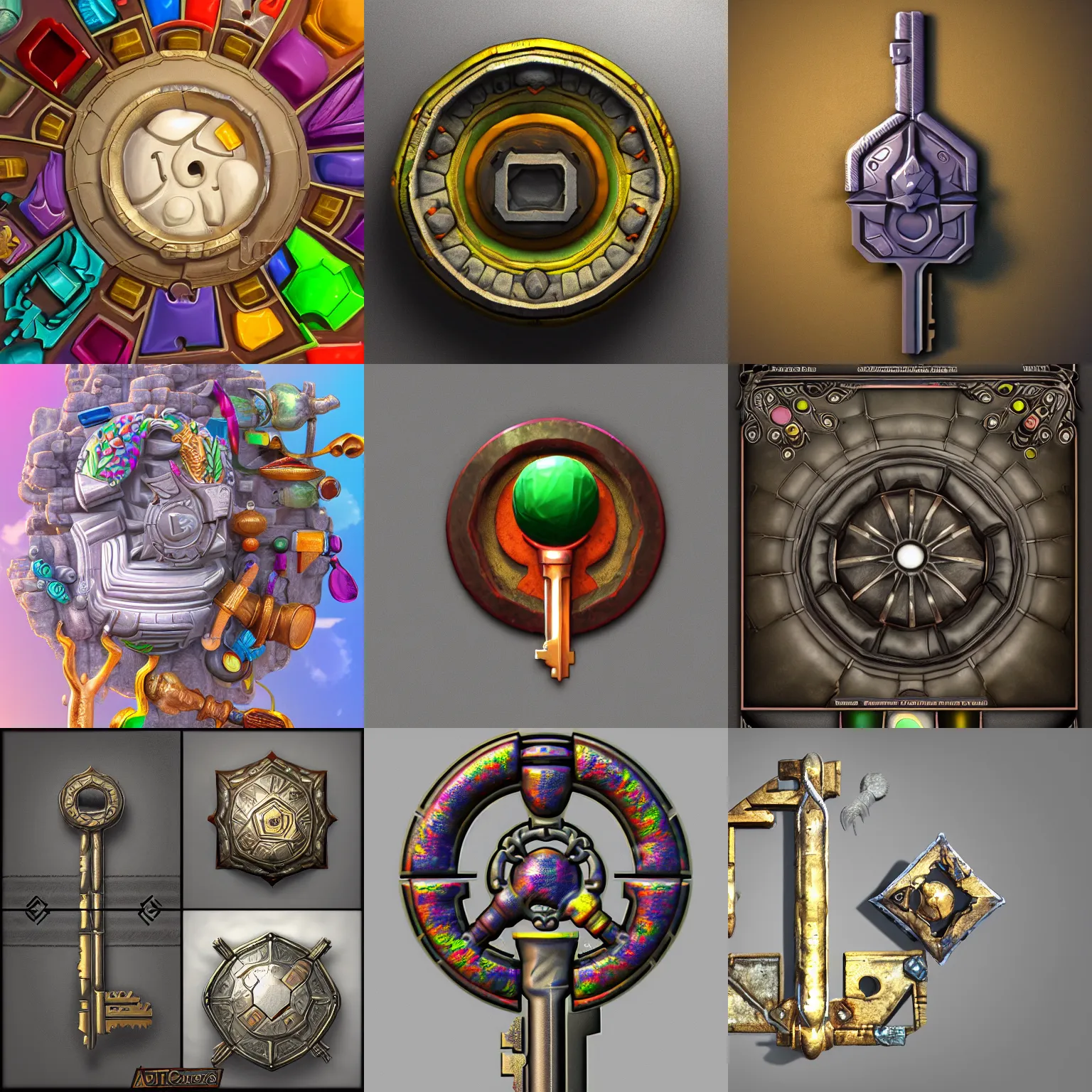 Prompt: a single highly detailed 3d opening key object, object is on the center of image, adventure game colorful inventory item, on the solid white color background, trending on artstation